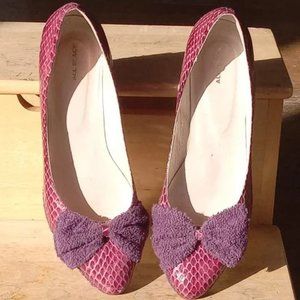 Purple leather snake skin and fabric bow platforms